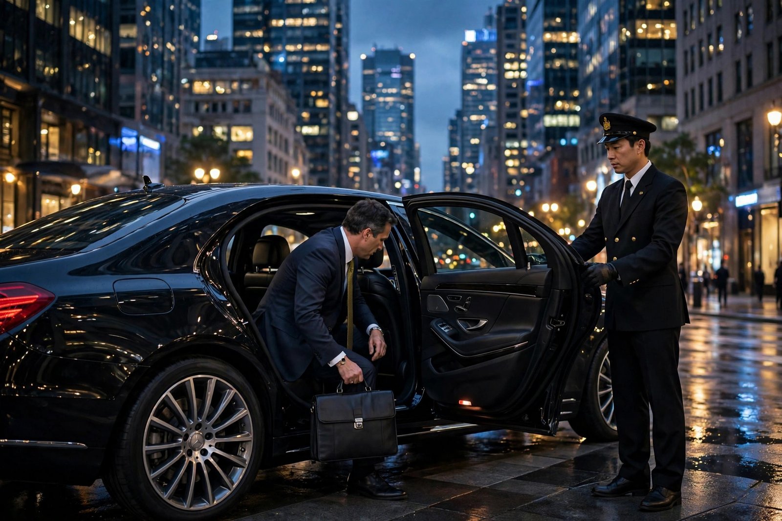 Executive entering luxury sedan