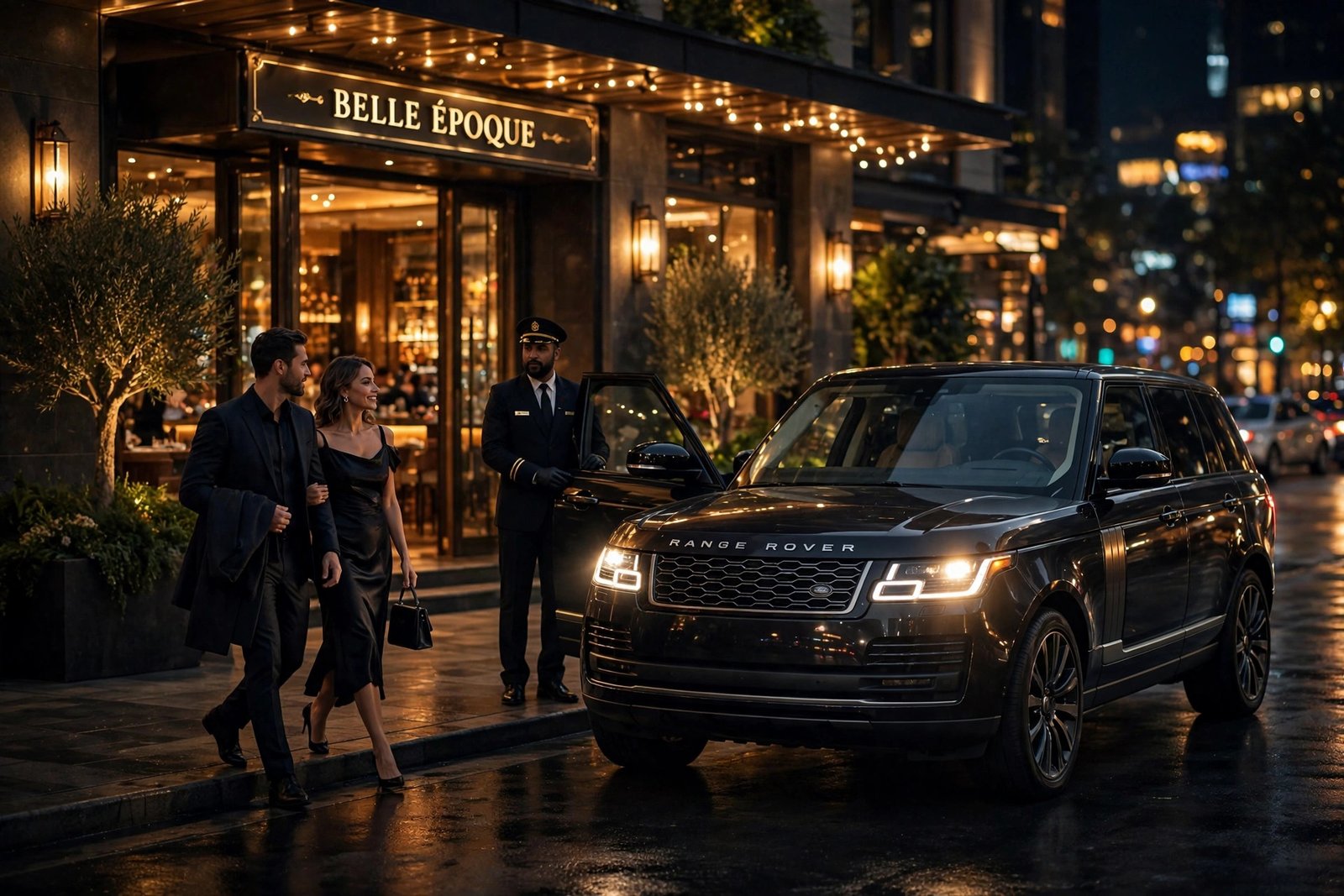 Chauffeur waiting by SUV at night