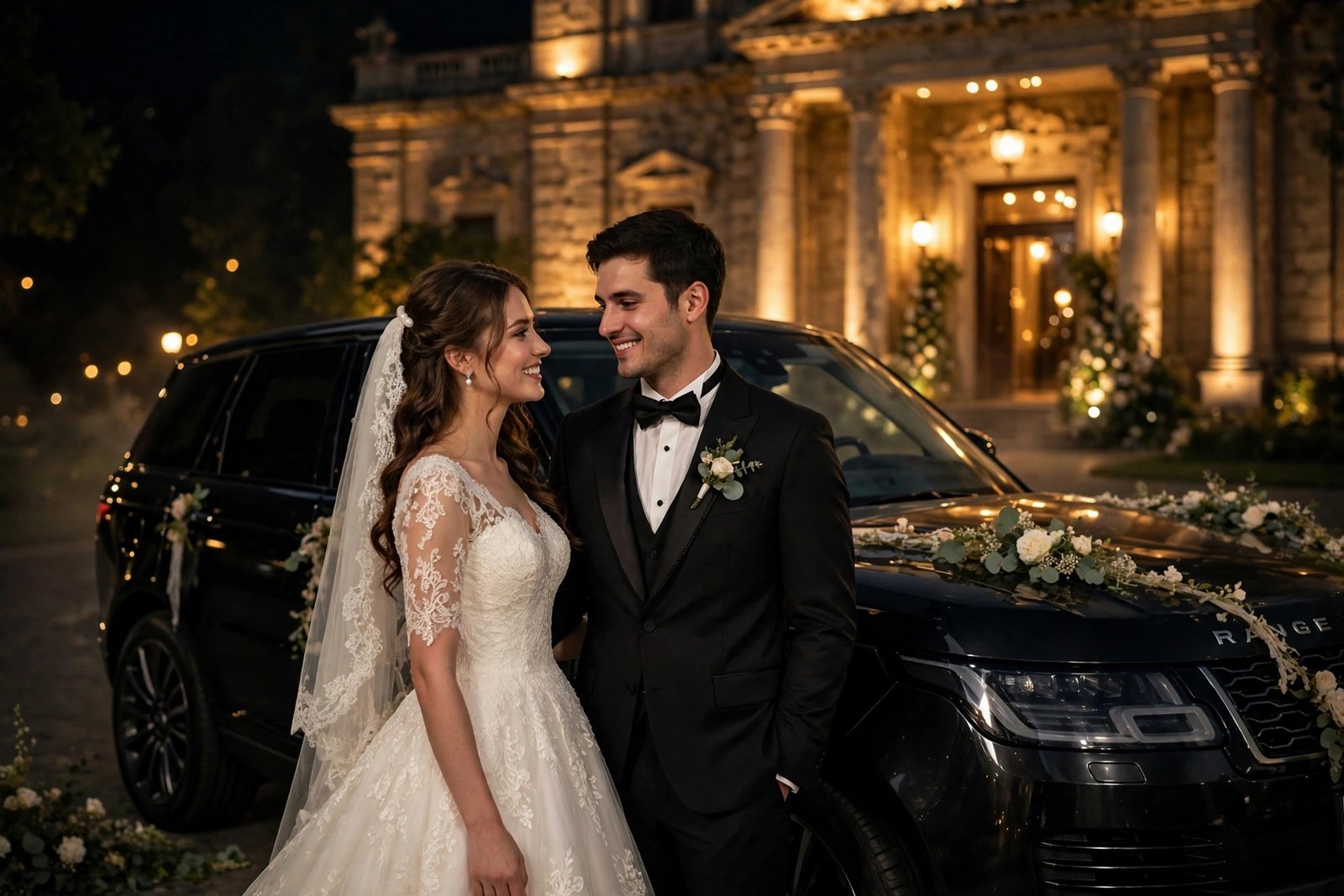 Wedding couple with luxury SUV